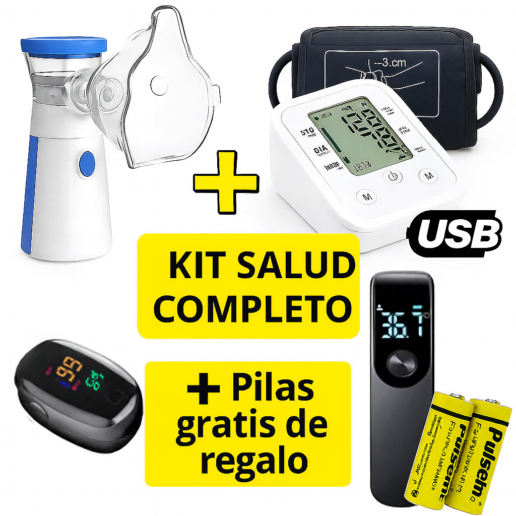 Kit de salud 4 en 1 con monitor de presión arterial, oxímetro, termómetro y nebulizador. 