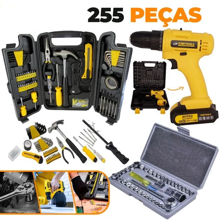 Juego de herramientas de 255 piezas con estuche completo + kit de detornillador de 12 V y ollas 
